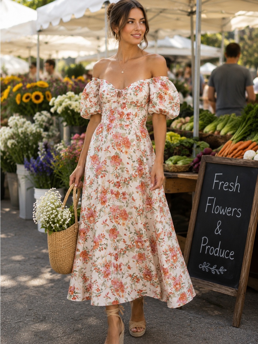 NWT Avec Les Filles Linen Blend Floral Puff Sleeve Midi Dress Smocked Back Sz 8